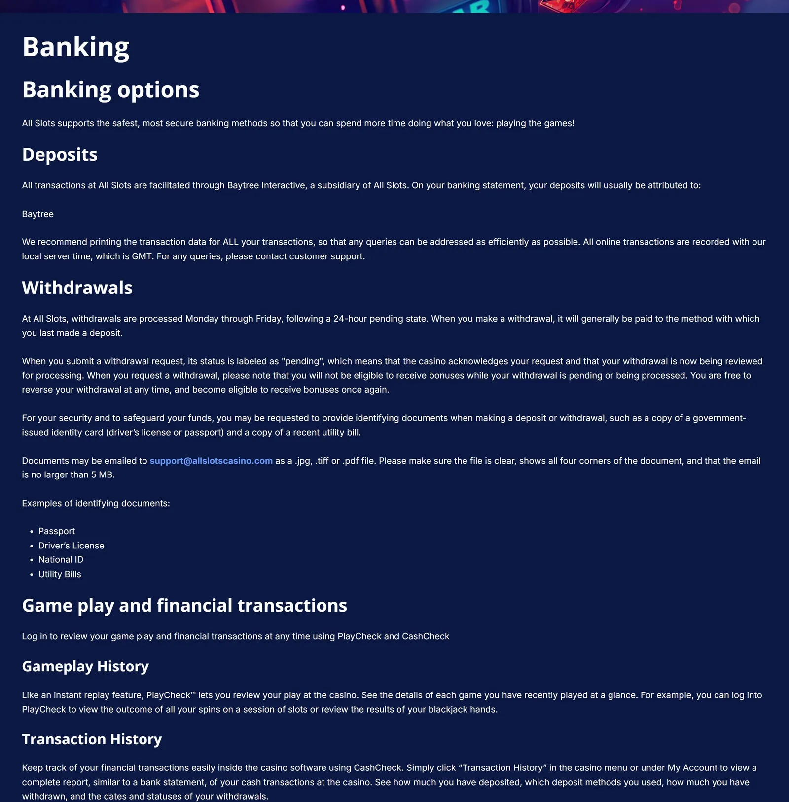 All Slots Casino banking page: deposits, withdrawals, verification documents, PlayCheck and CashCheck