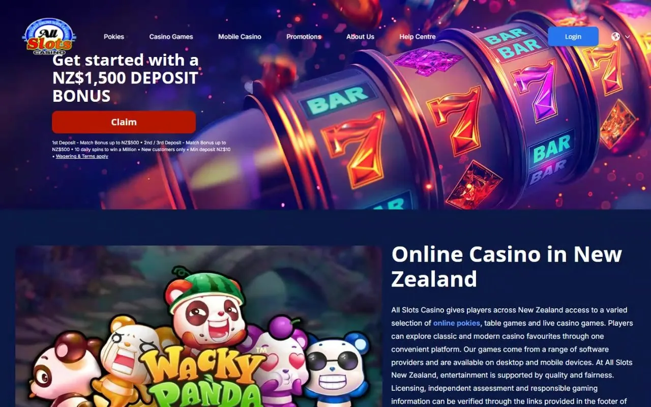 All Slots Casino NZ homepage with the NZ$1,500 deposit bonus, September 2026