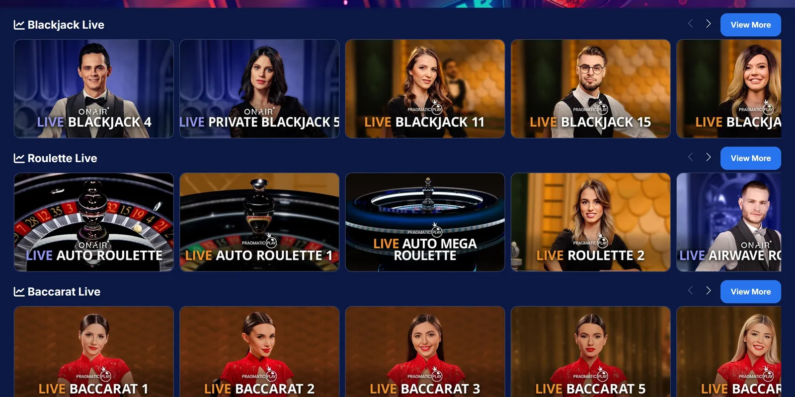 Live blackjack, live roulette and live baccarat rails at All Slots Casino