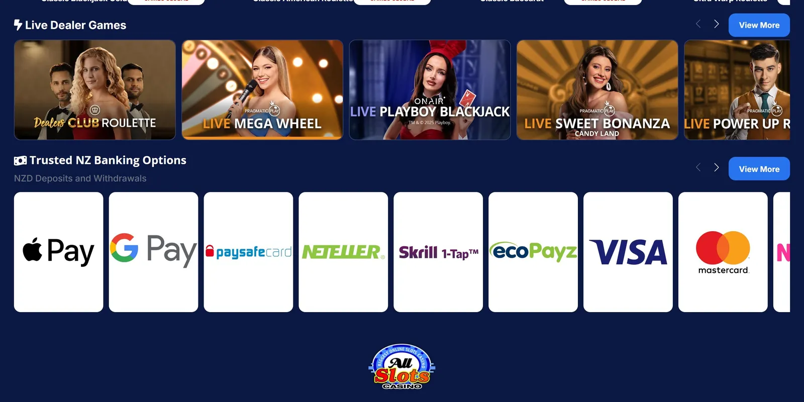 All Slots live dealer games and Trusted NZ Banking Options: Apple Pay, Google Pay, Paysafecard, Neteller, Skrill, ecoPayz, Visa, Mastercard