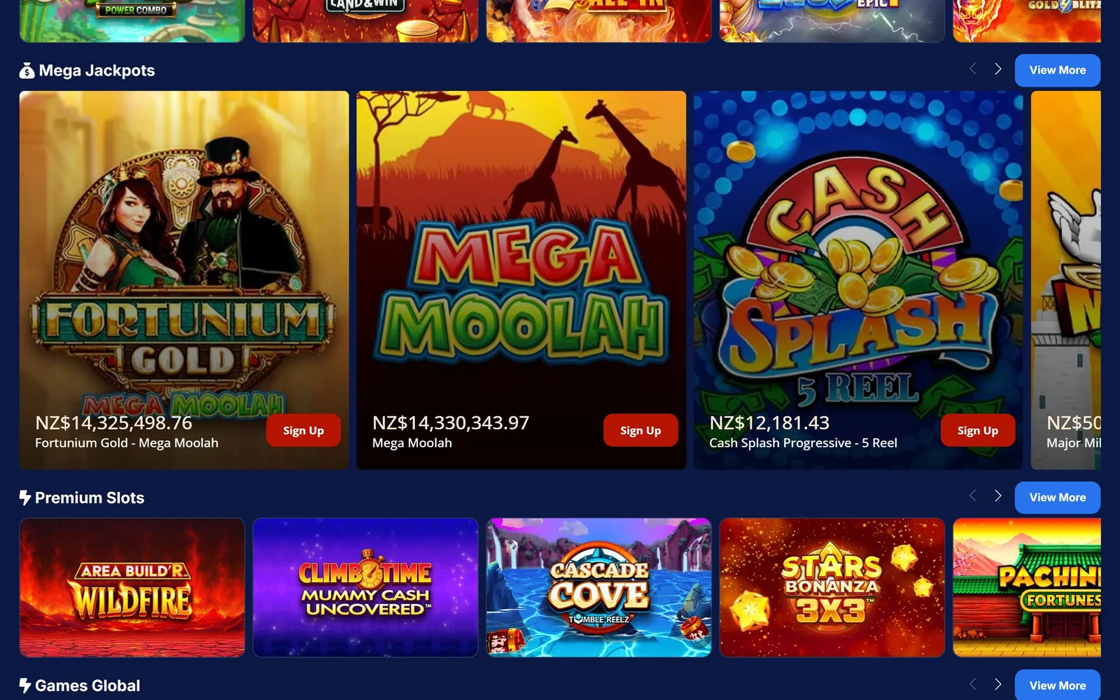 All Slots Mega Jackpots rail with Mega Moolah and Fortunium Gold totals above NZ$14 million