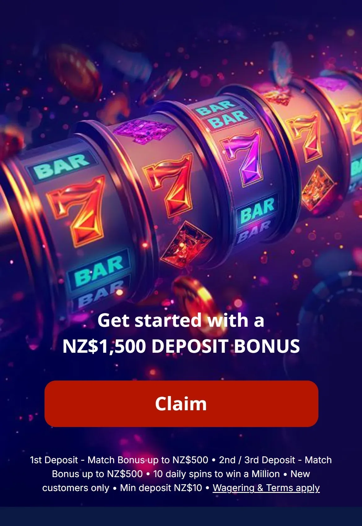 All Slots Casino mobile site on a phone showing the NZ$1,500 deposit bonus