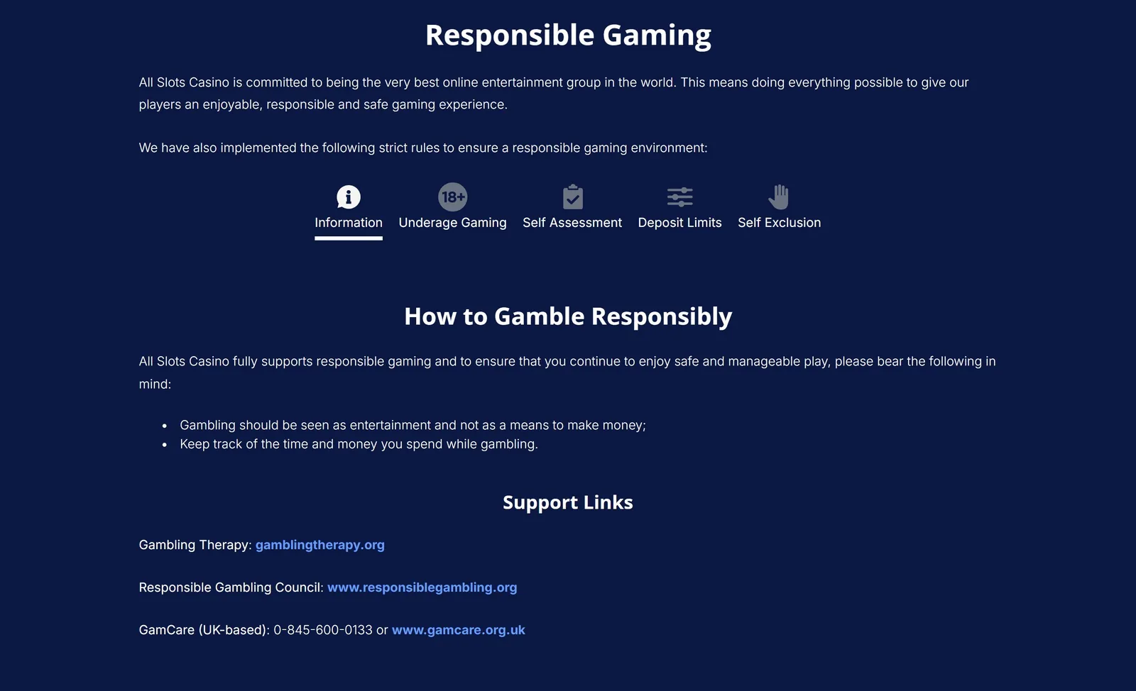All Slots responsible gaming page with self-assessment, deposit limits and self-exclusion tools