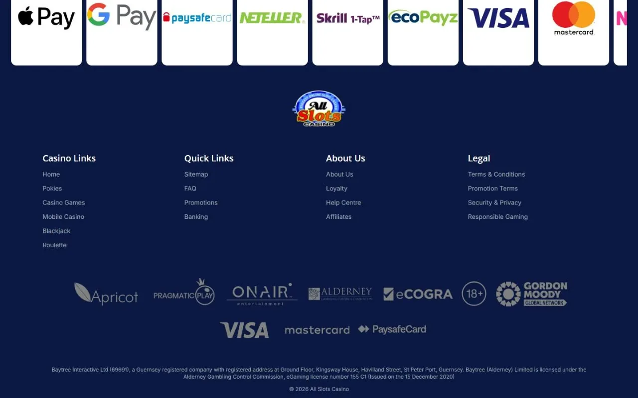All Slots Casino footer showing Baytree (Alderney) Ltd, AGCC licence 155 C1 and the eCOGRA seal