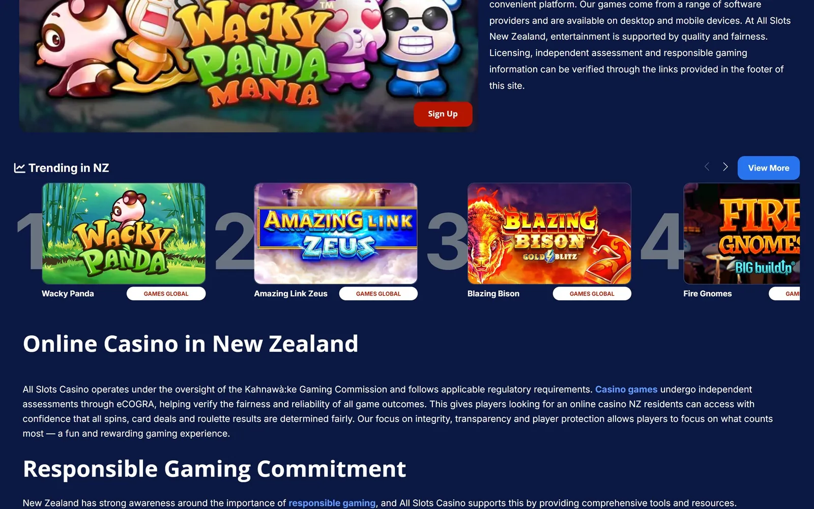 Trending in NZ rail at All Slots with Wacky Panda, Amazing Link Zeus, Blazing Bison and Fire Gnomes