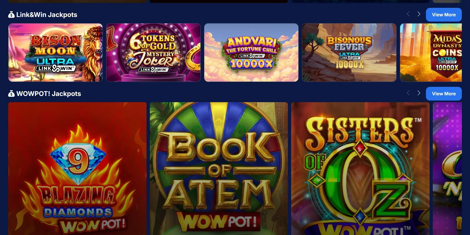 Link&Win and WowPot jackpot rails in the All Slots Casino lobby