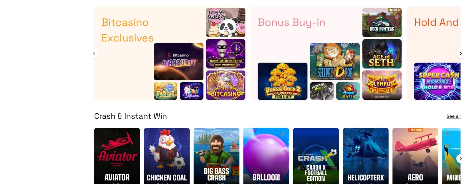 Bitcasino Exclusives and Crash & Instant Win game rails including Aviator