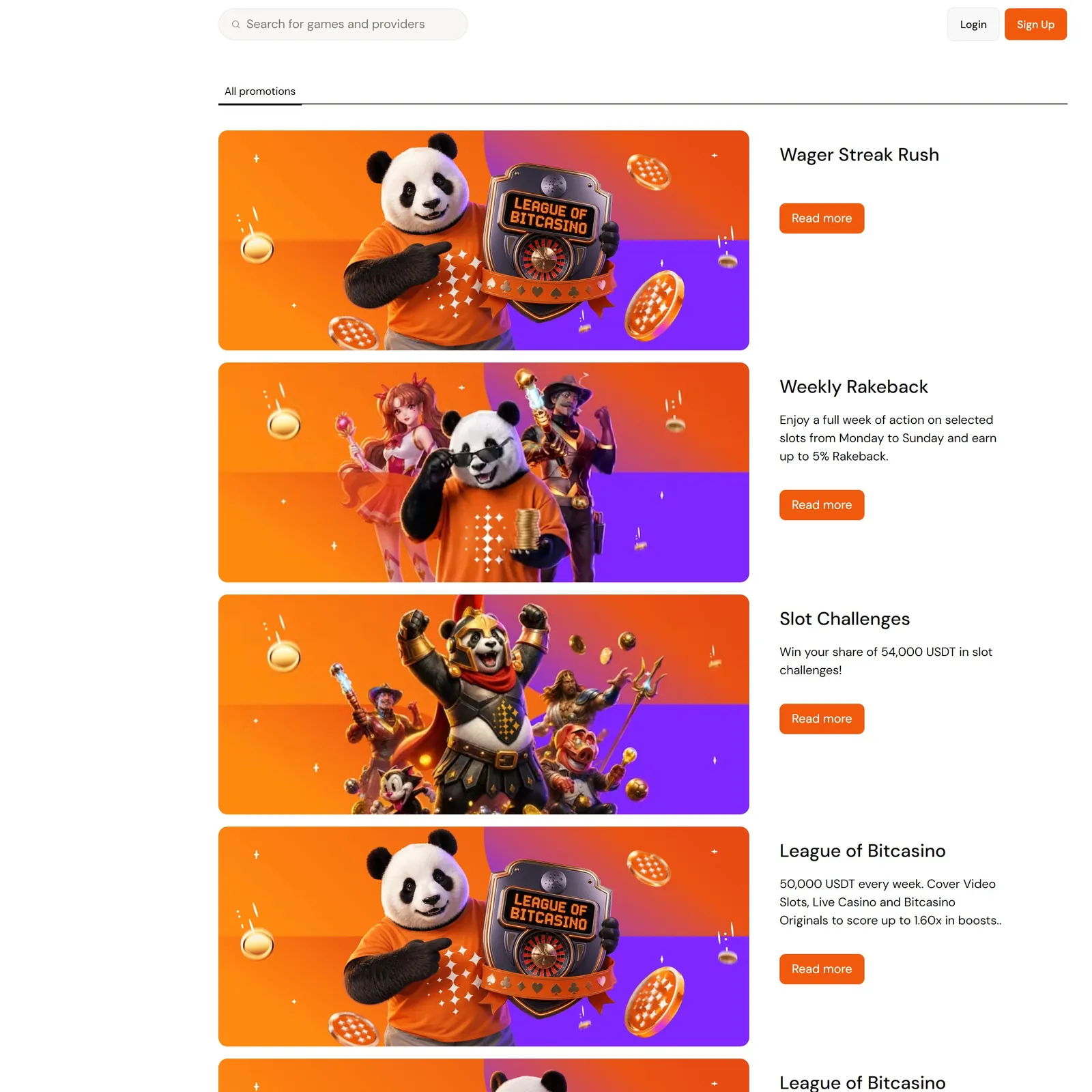Bitcasino promotions page: Wager Streak Rush, Weekly Rakeback, Slot Challenges and League of Bitcasino