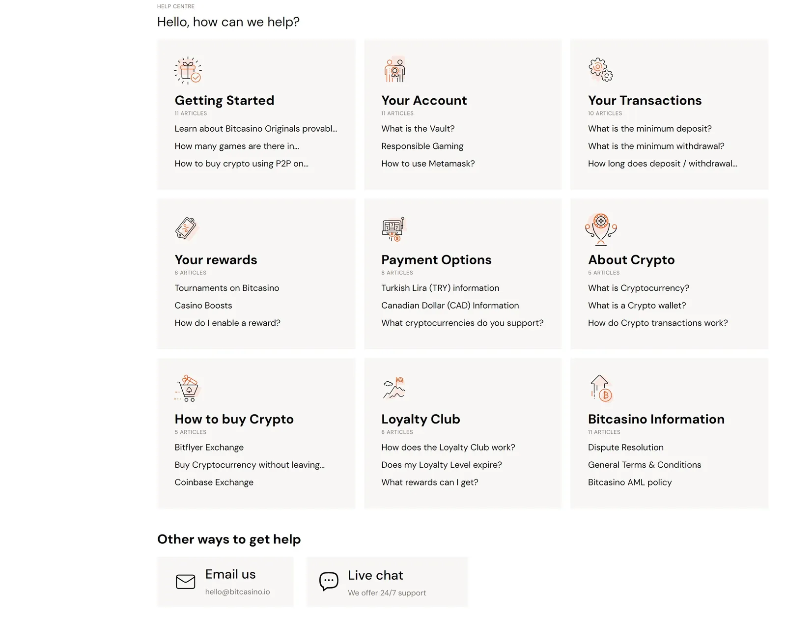 Bitcasino Help Centre topics including payment options, crypto and loyalty club