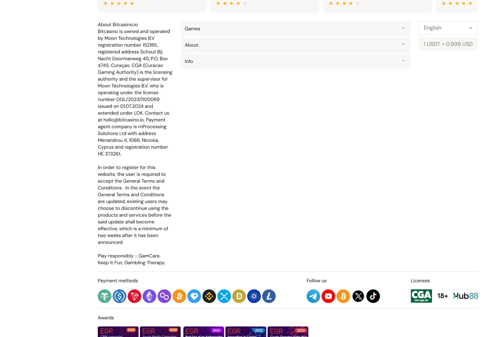 About Bitcasino.io licence text and Curaçao Gaming Authority seal in the footer