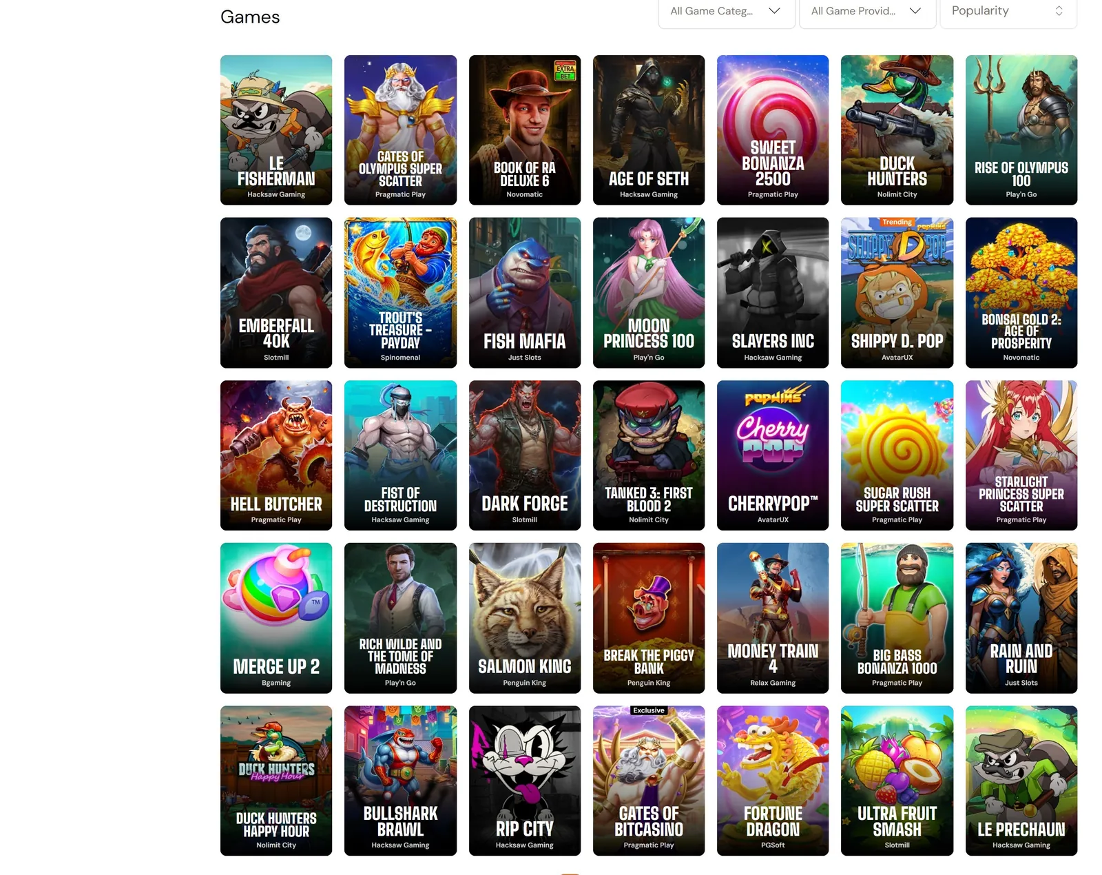 Bitcasino games lobby grid of pokies