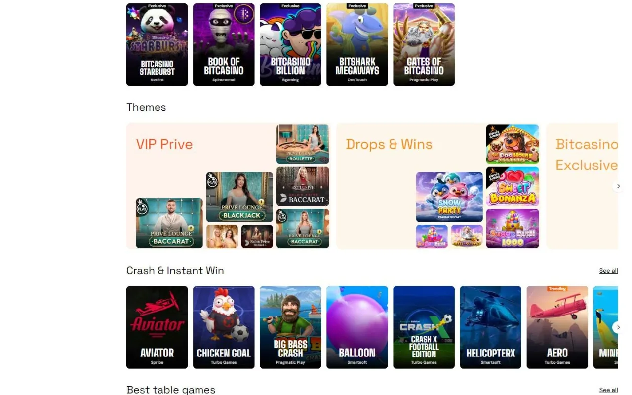 Best slot games, new releases and Bitcasino Exclusives rails on the live site