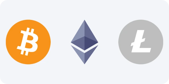 Bitcoin, Ethereum and Litecoin logos