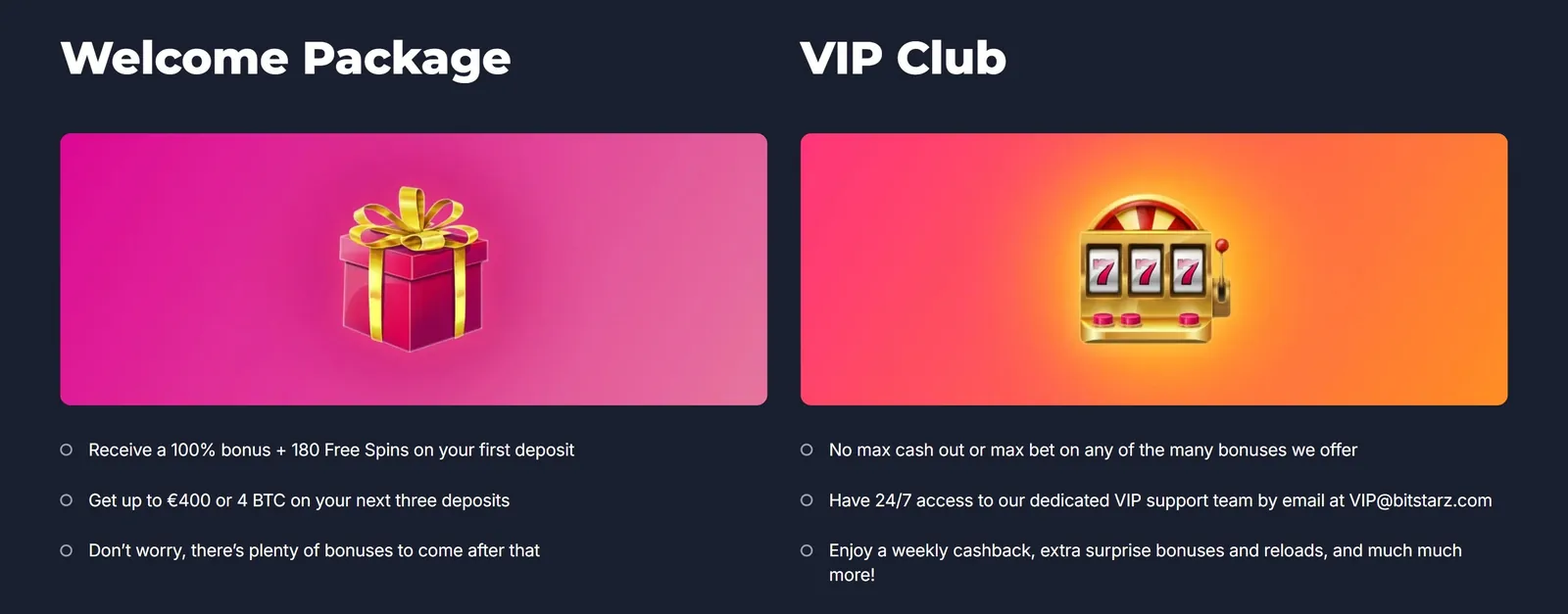 BitStarz Welcome Package and VIP Club promotion cards
