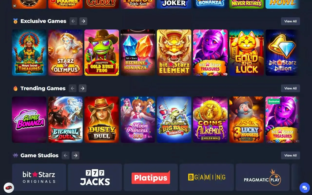 Originals, Top Games and Bonuz rails on the live BitStarz site