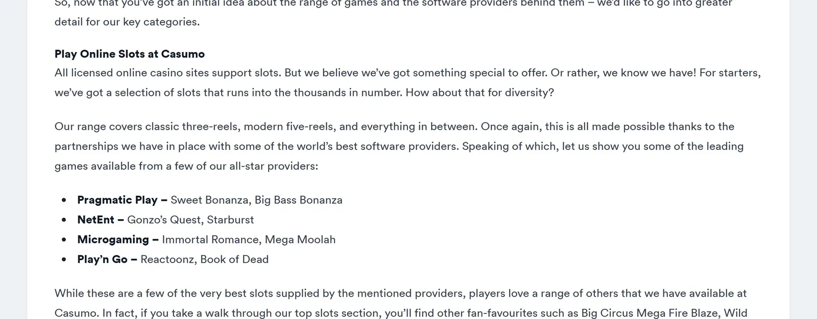 Casumo page describing its online slots and software providers