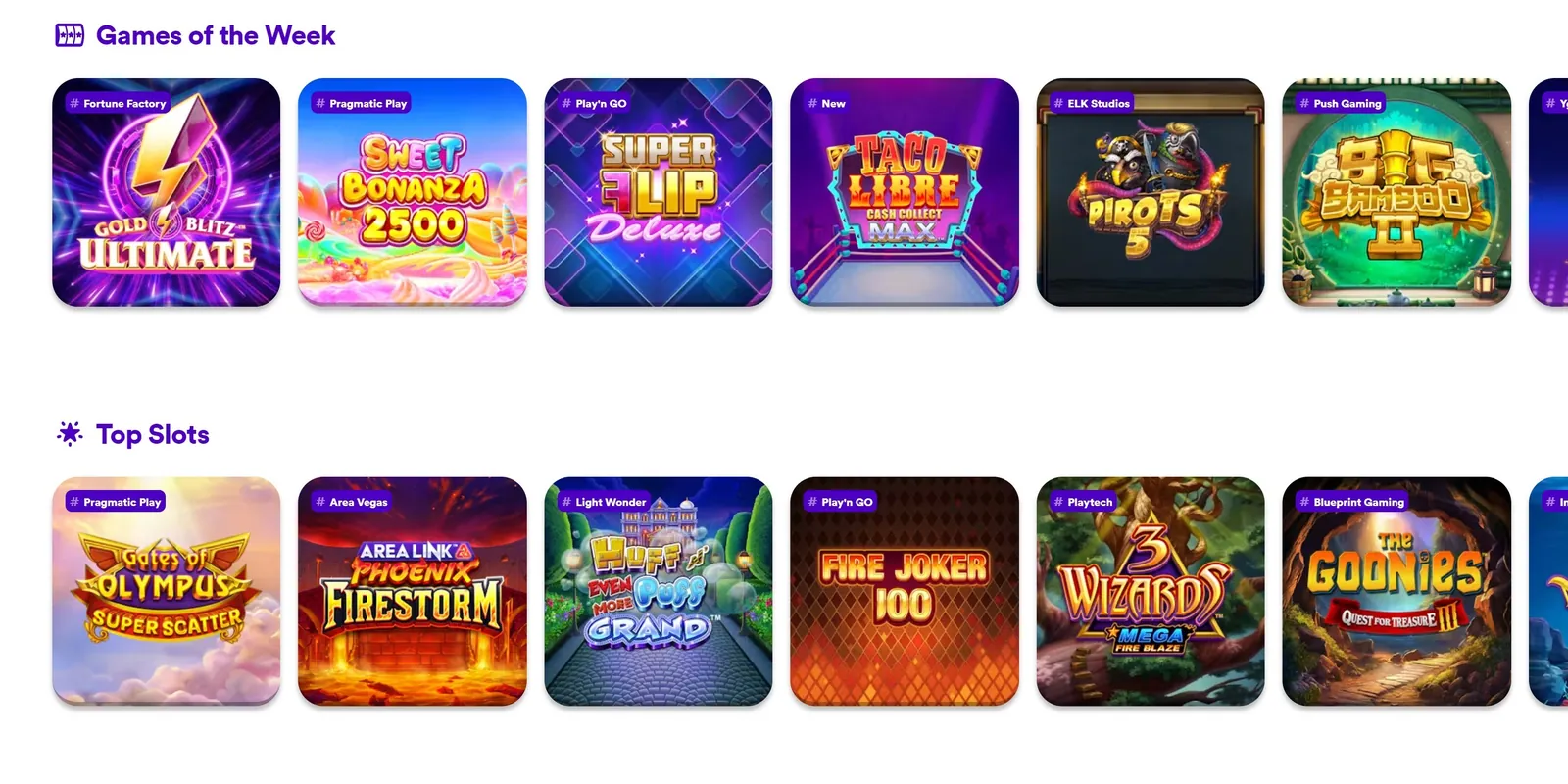 Games of the Week and Top Slots rails in the Casumo lobby