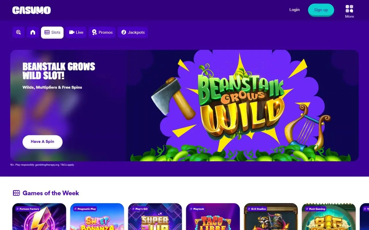 Casumo NZ games lobby with the Beanstalk Grows Wild feature banner