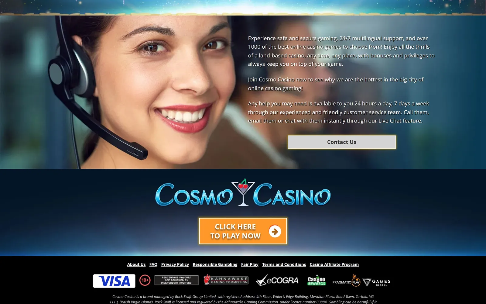 Cosmo Casino 24/7 customer support section and footer