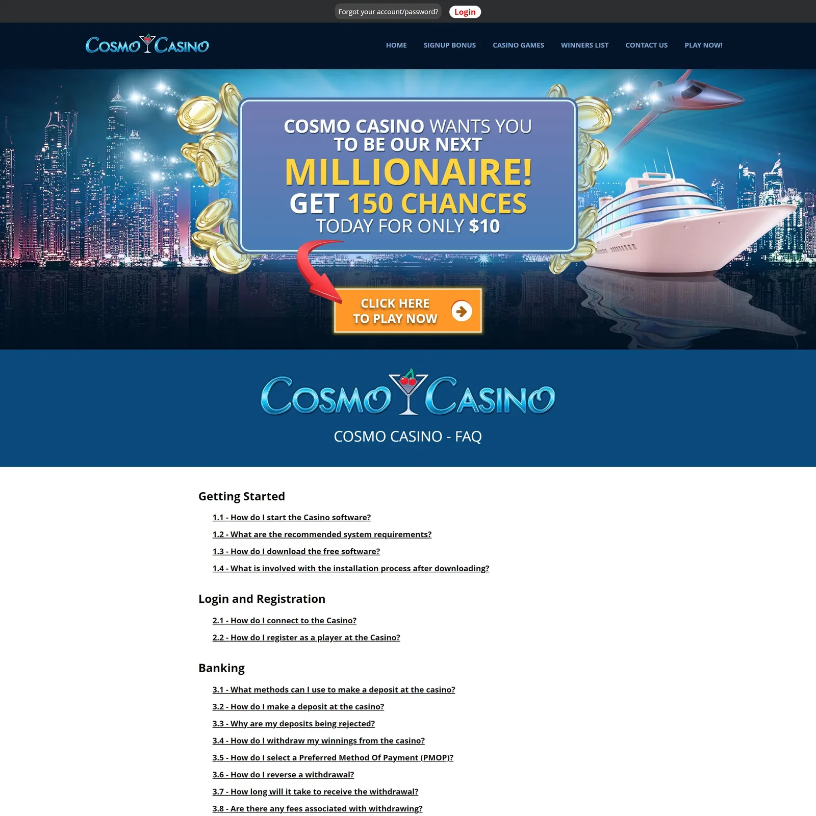 Cosmo Casino FAQ page covering getting started, login and banking questions
