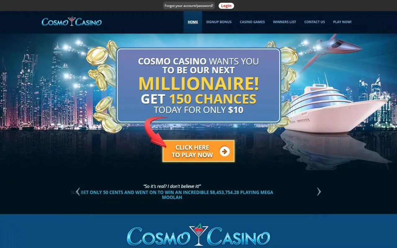 Cosmo Casino NZ homepage with the 150 chances for $10 welcome offer, September 2026