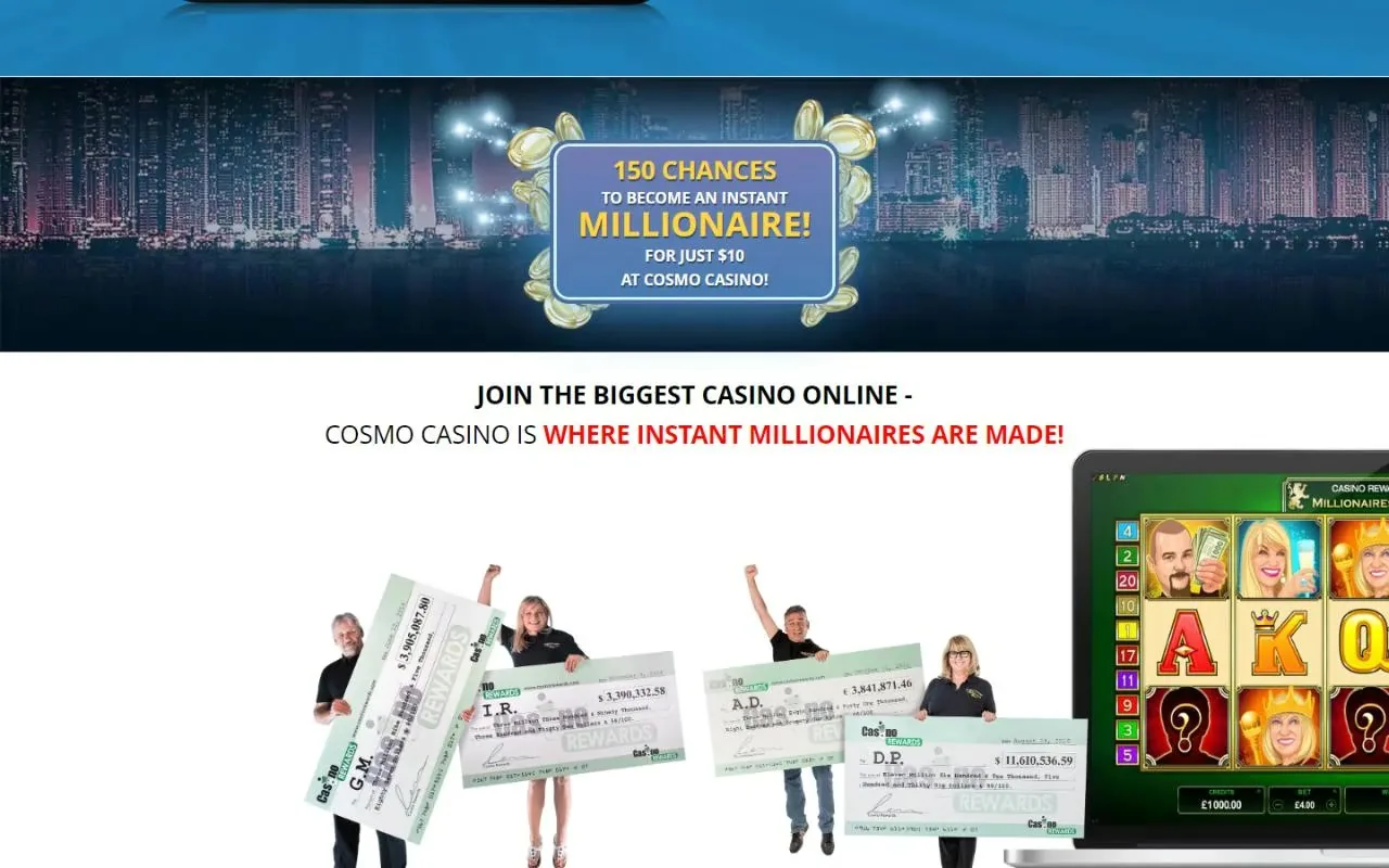 Cosmo Casino homepage: 150 chances badge and Mega Moolah millionaire winners