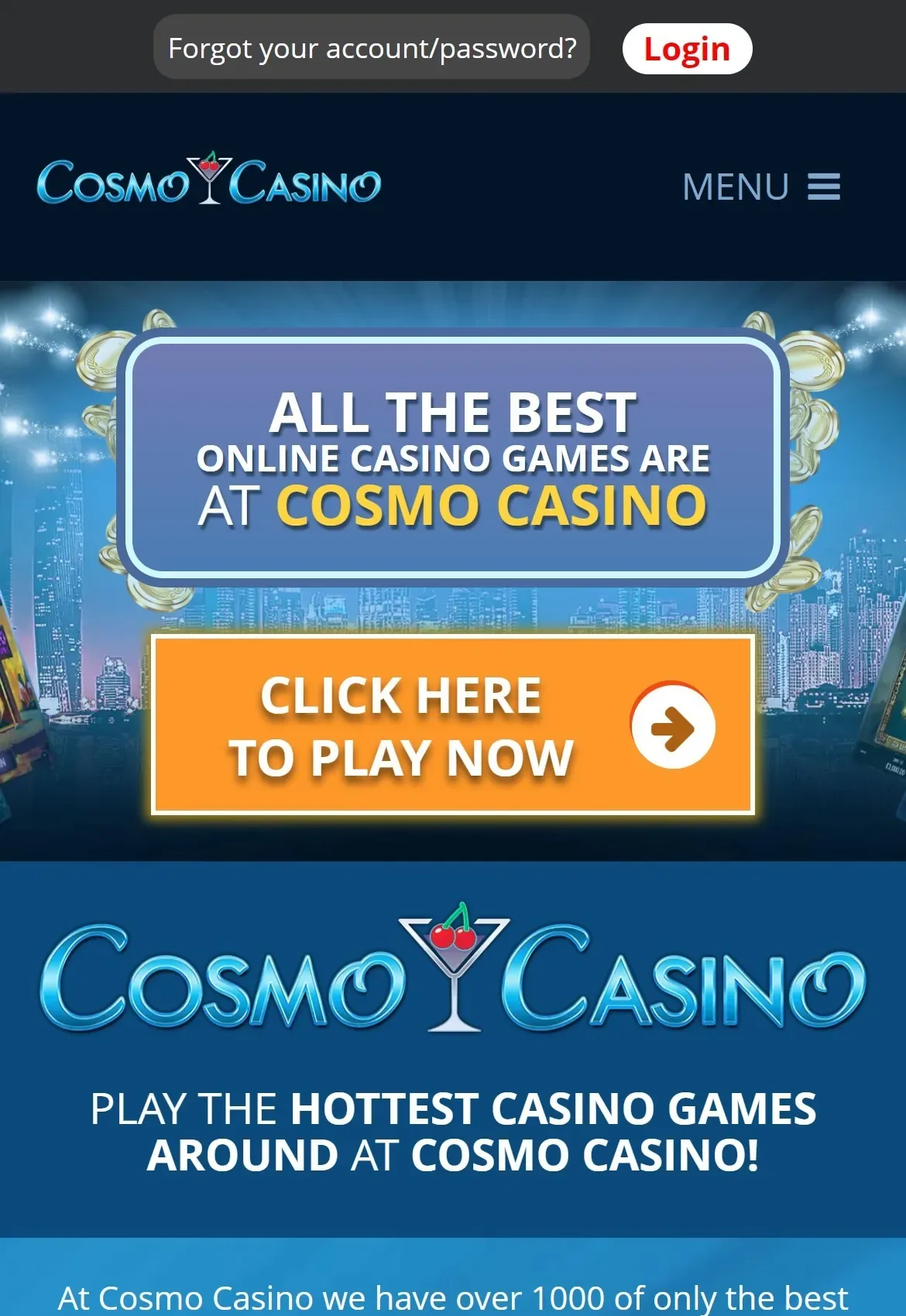 Cosmo Casino mobile site on a phone