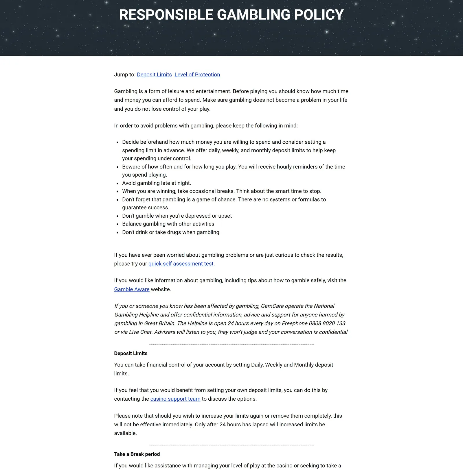Cosmo Casino responsible gambling page with deposit limits and self-exclusion