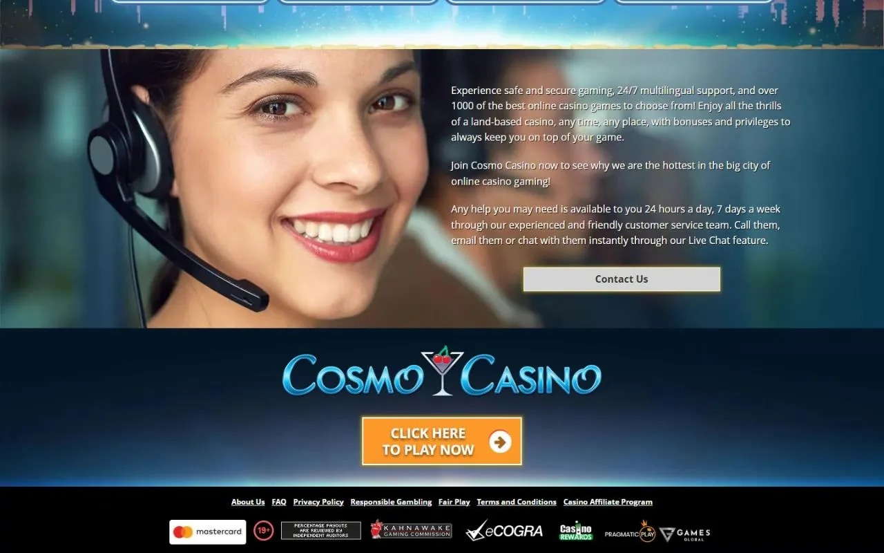 Cosmo Casino footer with the Kahnawake Gaming Commission, eCOGRA, Casino Rewards and Games Global marks