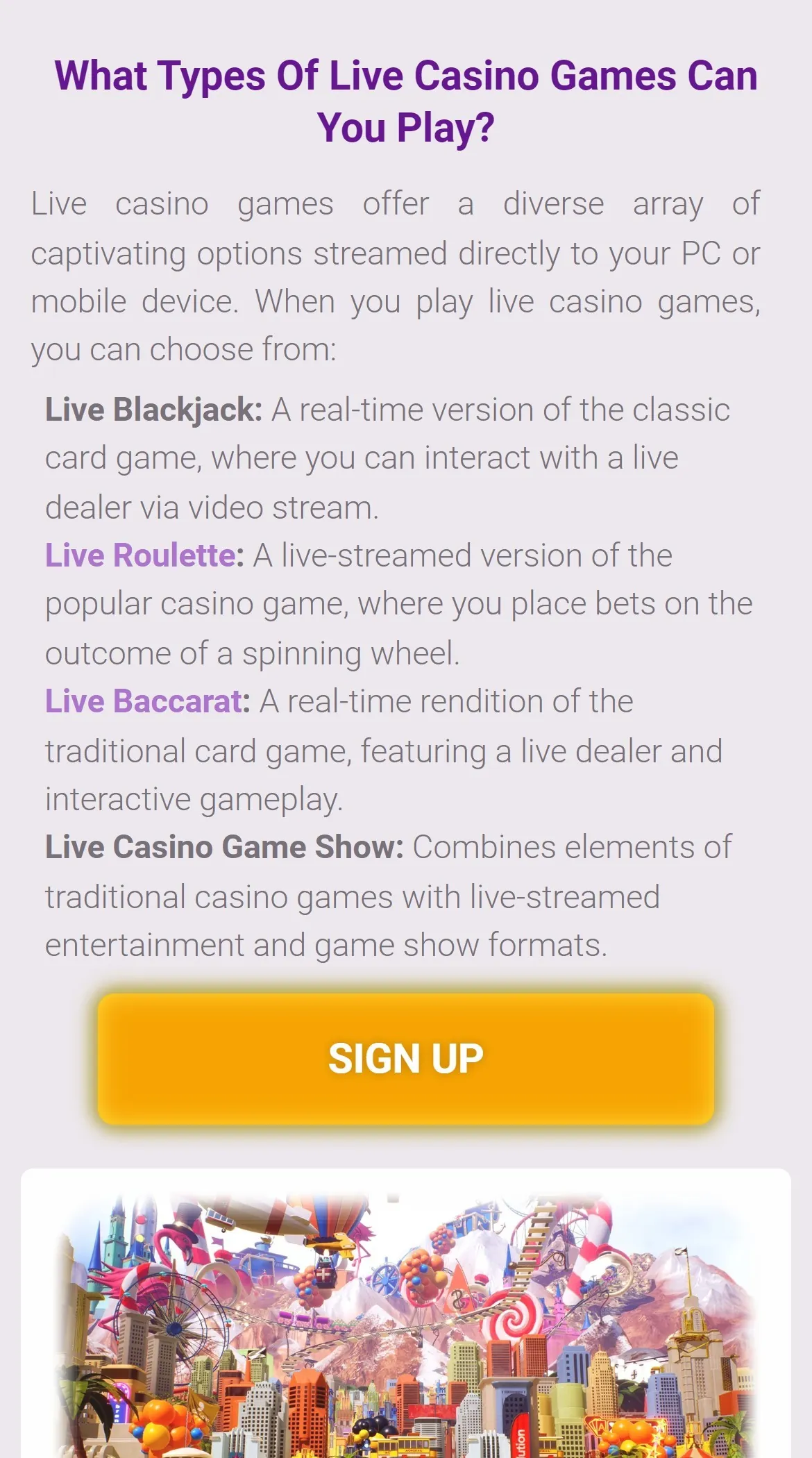 Jackpot City mobile page describing live casino games