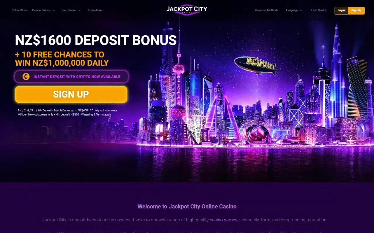 Jackpot City NZ homepage with the NZ$1,600 deposit bonus and 10 free chances to win NZ$1,000,000, September 2026