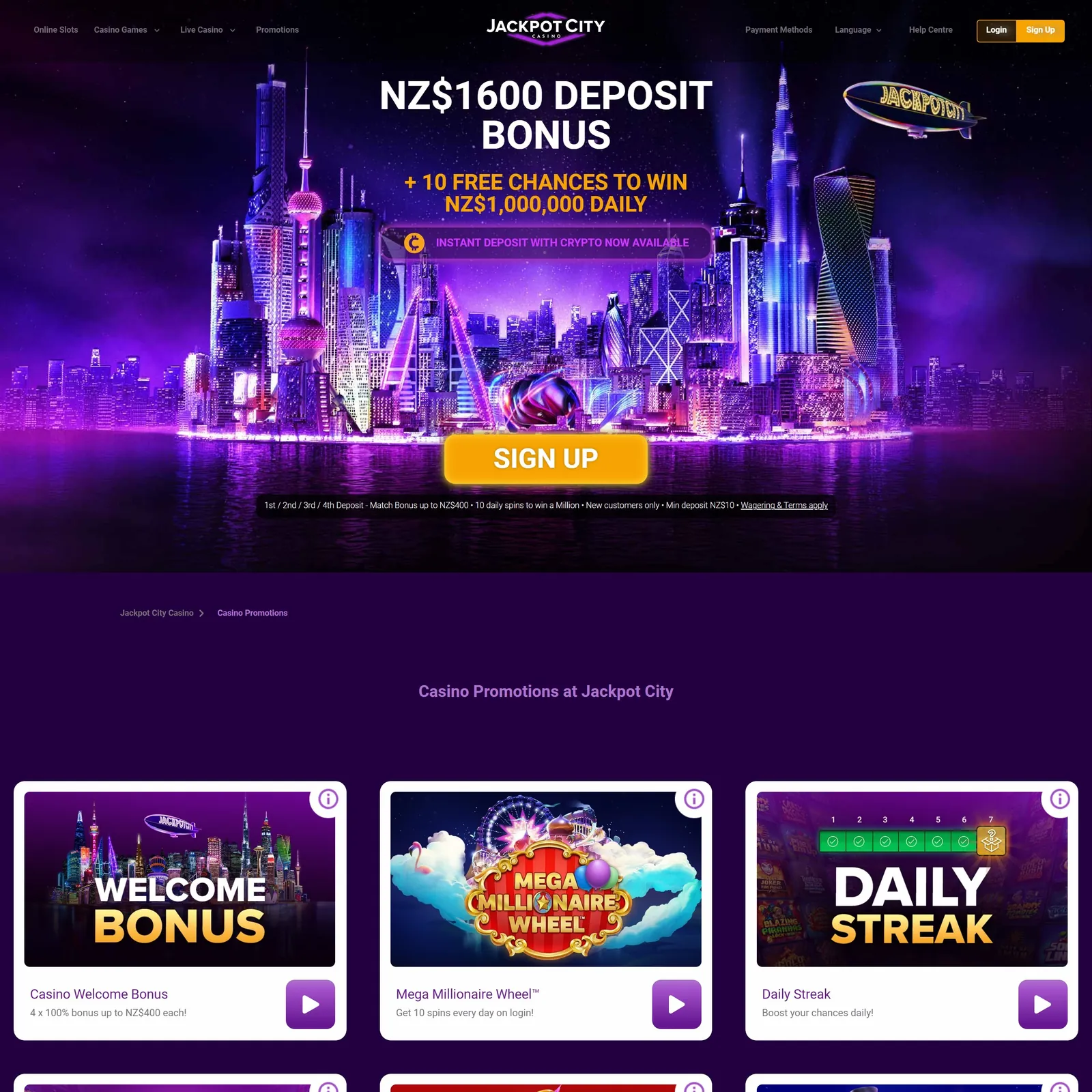 Jackpot City homepage and casino promotions cards: Welcome Bonus, Mega Millionaire Wheel and Daily Streak