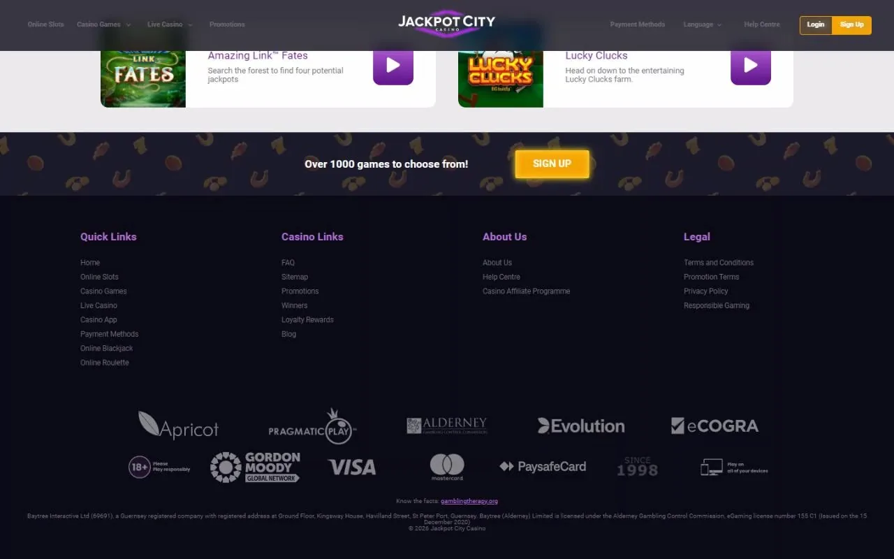 Jackpot City footer with Alderney licence, eCOGRA, Evolution and Since 1998 marks