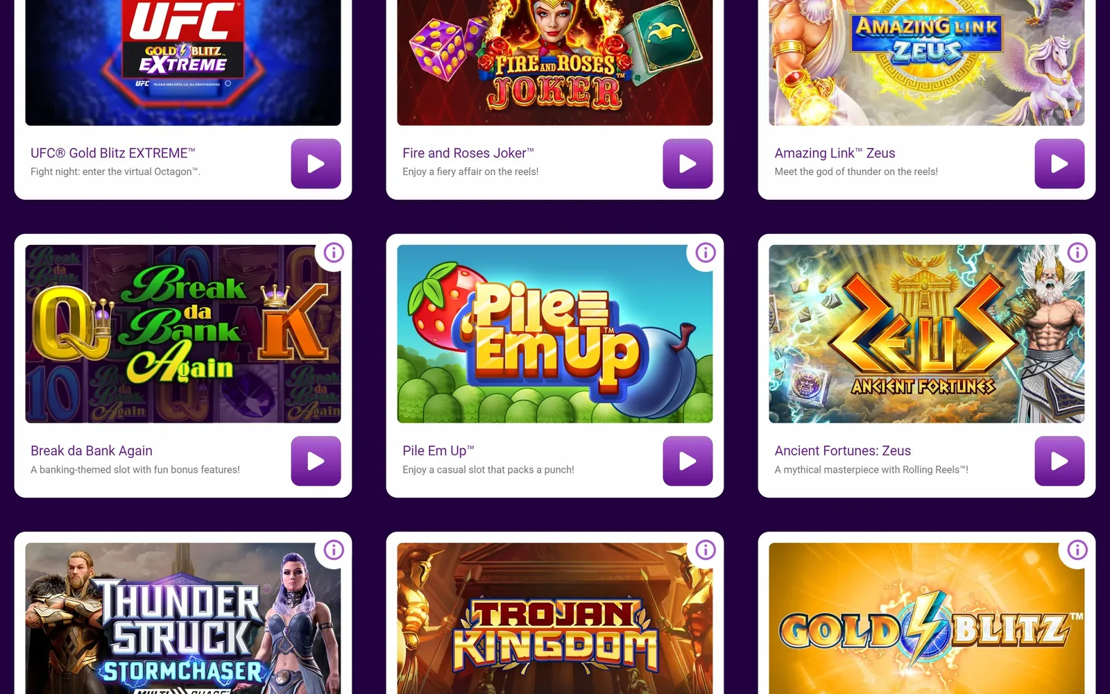 Jackpot City games grid with UFC Gold Blitz Extreme, Amazing Link Zeus and Thunderstruck Stormchaser