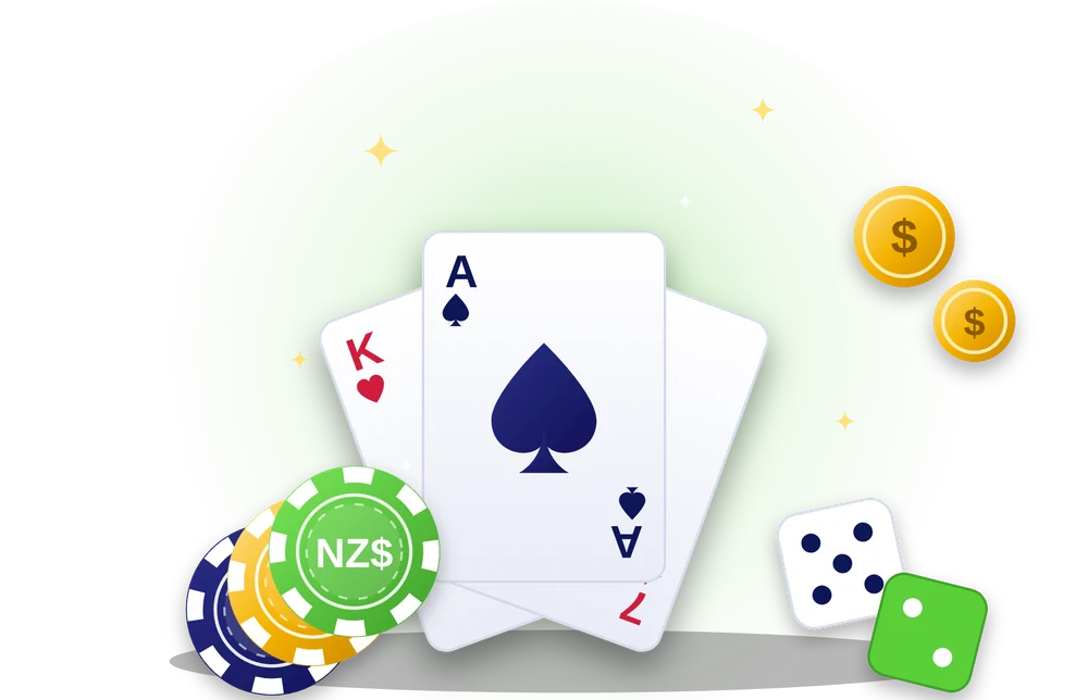 Stylised casino illustration: playing cards, NZ$ chips, dice and gold coins