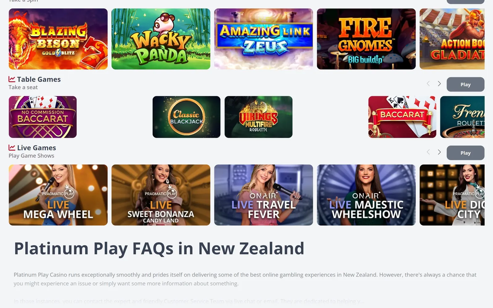 Platinum Play live games, table games and New Zealand FAQ section