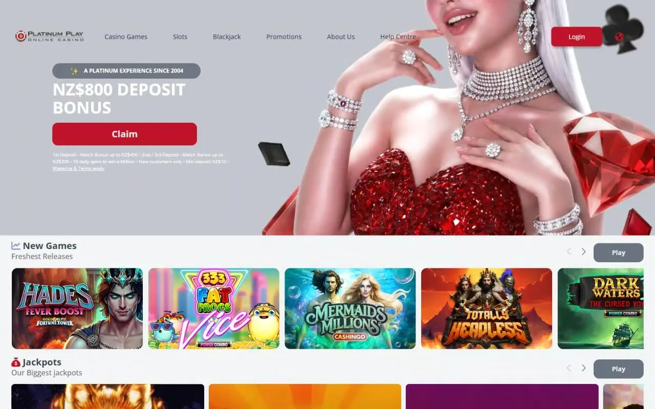 Platinum Play NZ homepage with the NZ$800 deposit bonus, September 2026