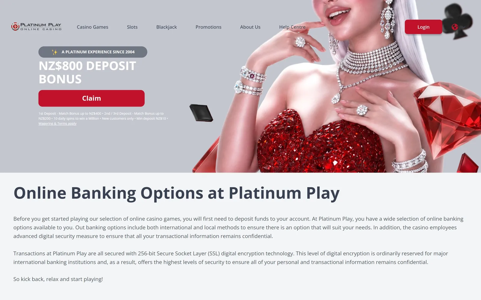 Platinum Play homepage banner and online banking options section
