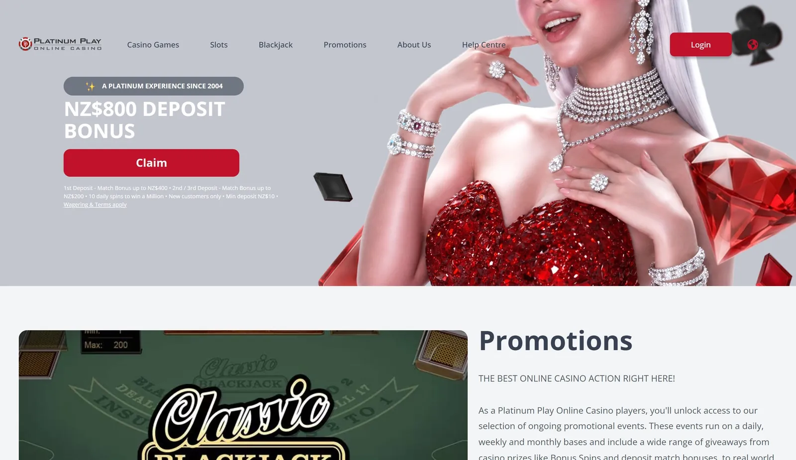 Platinum Play promotions page with the Classic Blackjack Gold Series banner