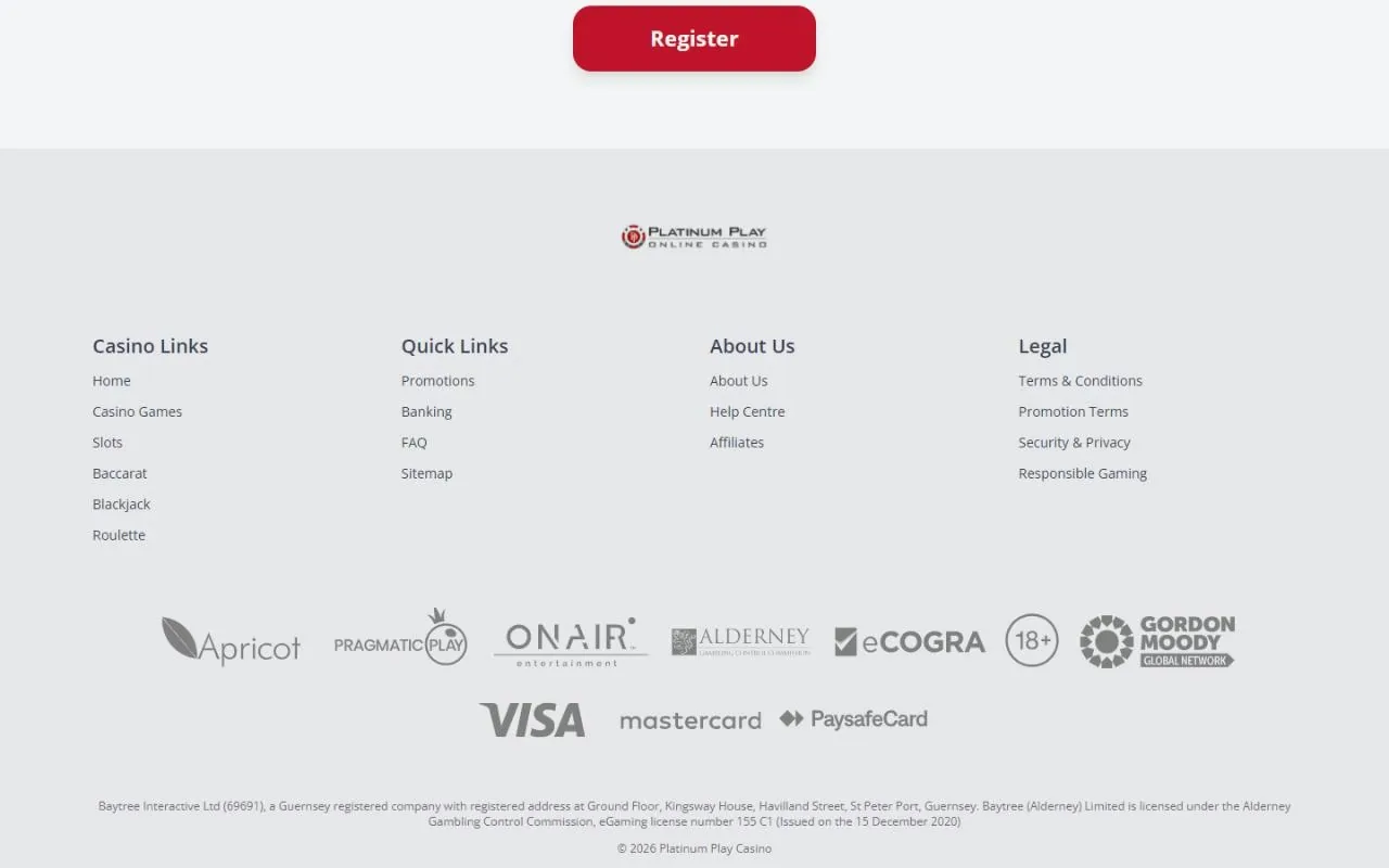 Platinum Play footer showing Baytree (Alderney) Ltd, AGCC licence 155 C1 and the eCOGRA seal