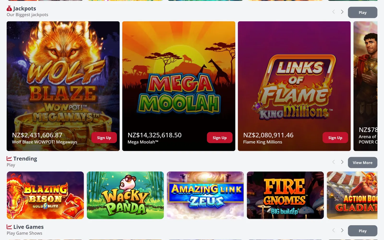 Platinum Play jackpots rail showing Wolf Blaze WowPot, Mega Moolah and Links of Flame totals