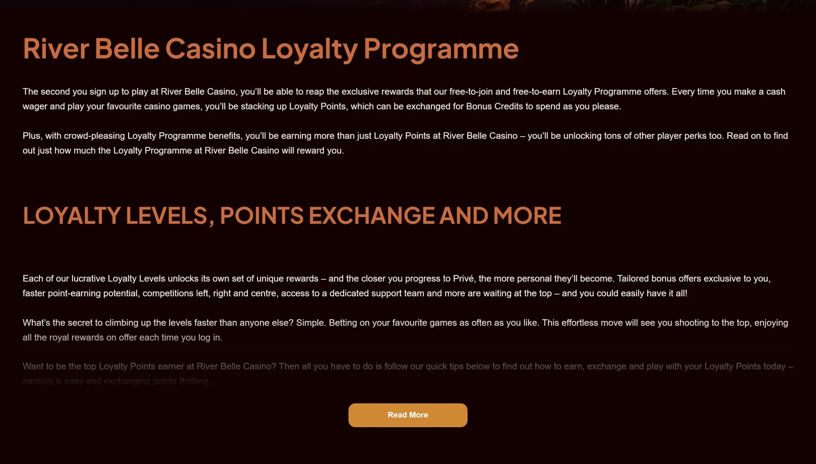 River Belle Casino loyalty programme page