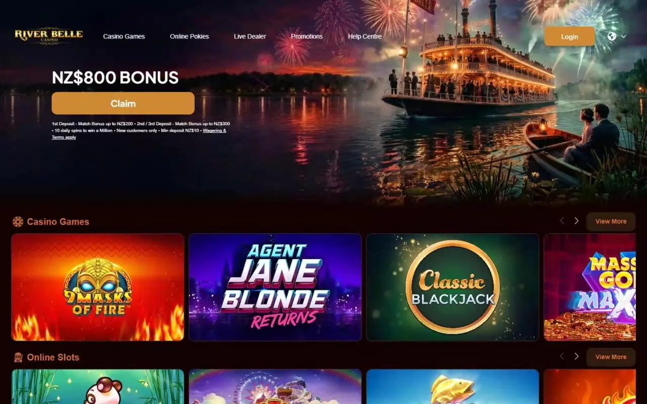 River Belle Casino games lobby with online pokies and blackjack