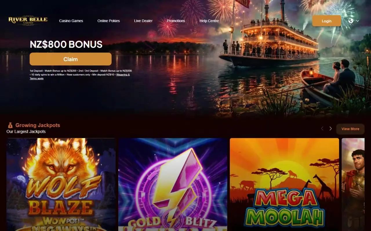 River Belle Casino NZ homepage showing the NZ$800 welcome bonus, September 2026