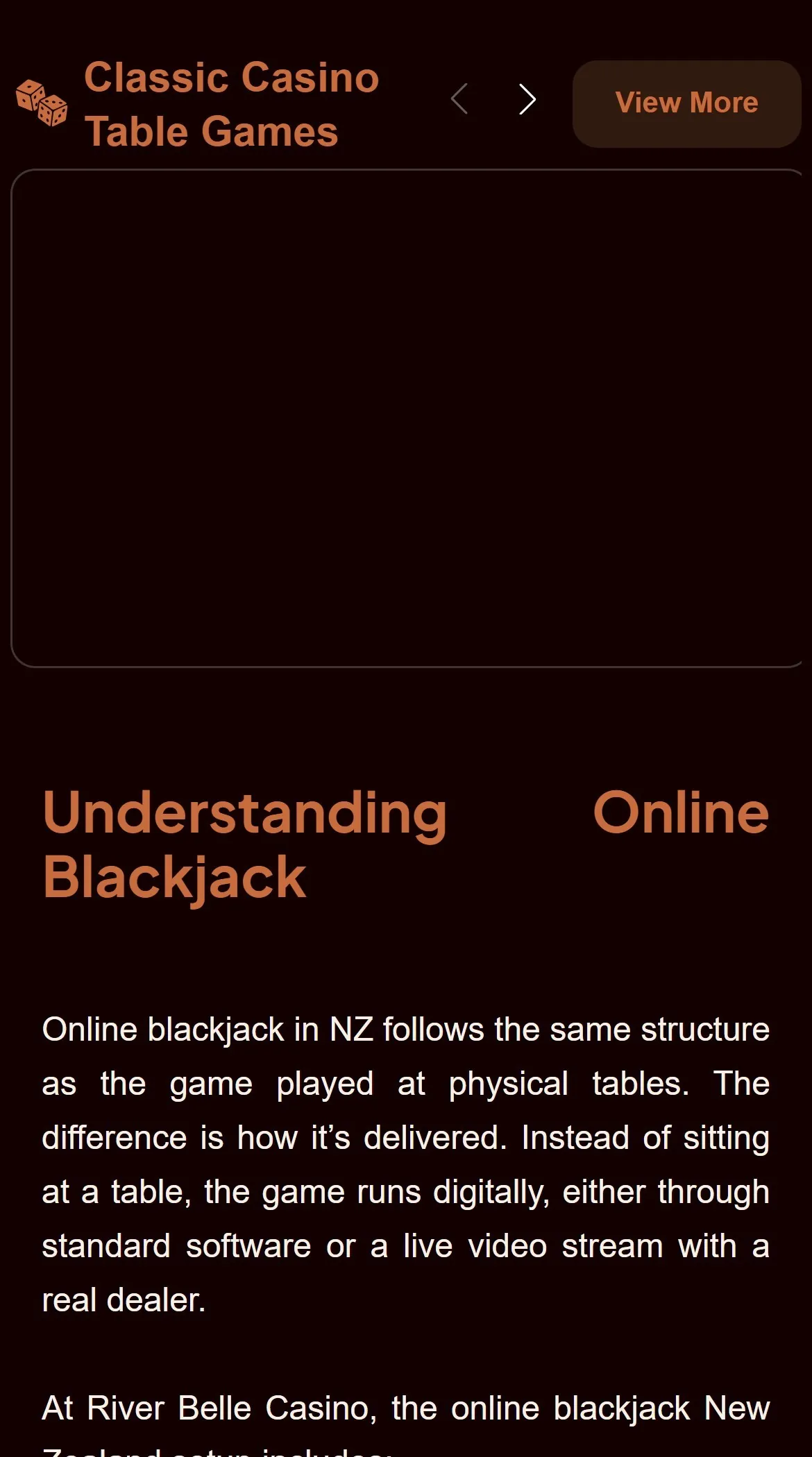 River Belle Casino mobile site showing classic casino table games
