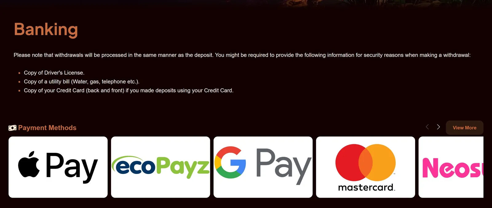 River Belle Casino banking page with Apple Pay, ecoPayz, Google Pay, Mastercard and Neosurf