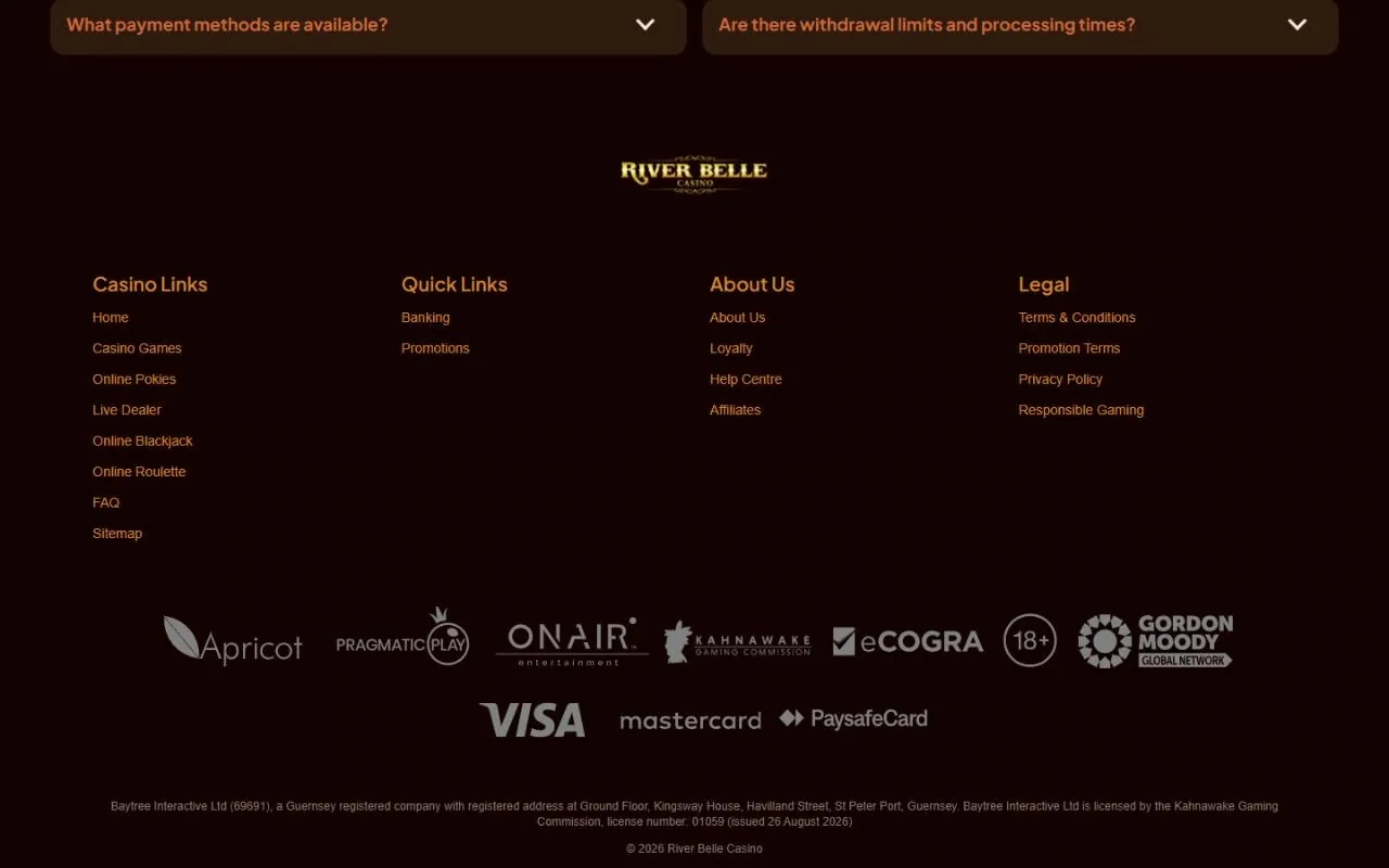 River Belle Casino footer with the Kahnawake Gaming Commission licence 01059 and eCOGRA seal