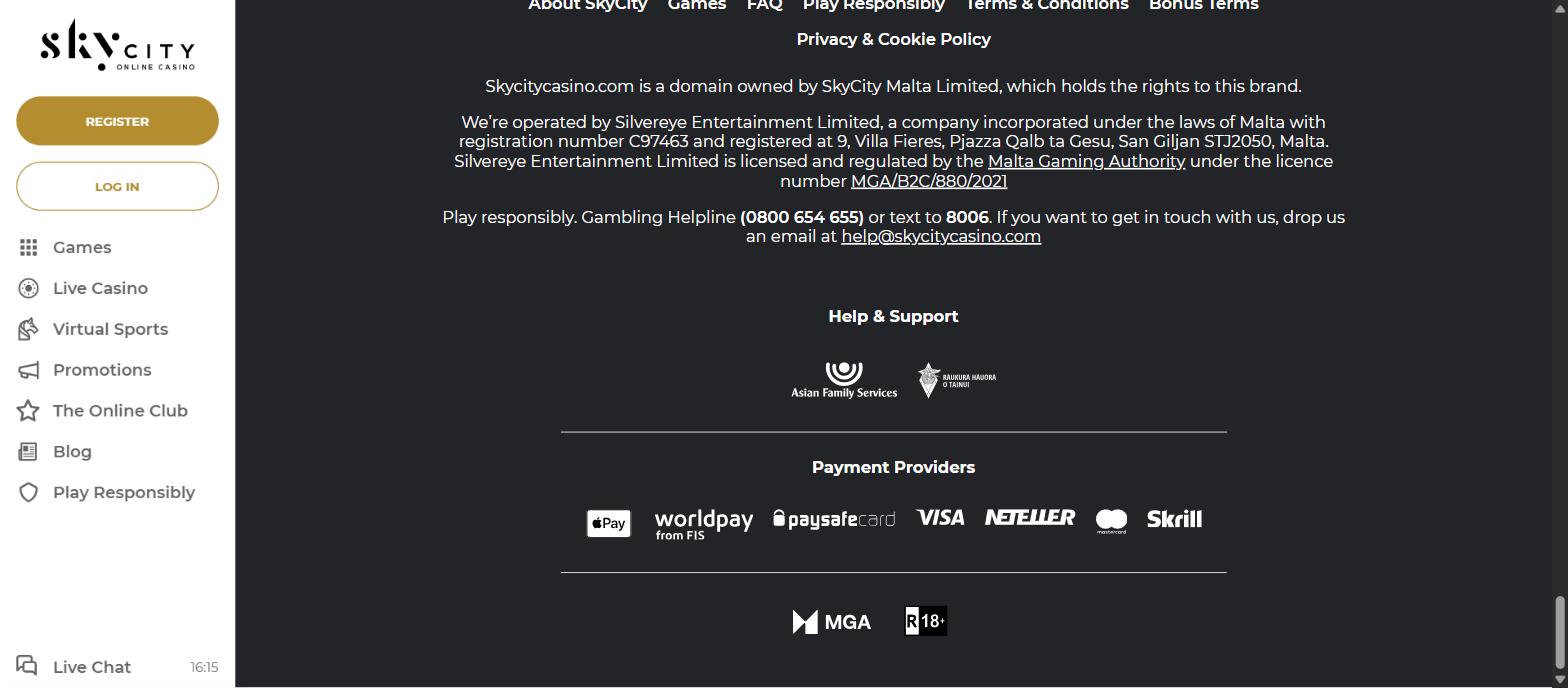 SkyCity Online Casino footer naming SkyCity Malta Limited, Silvereye Entertainment Limited and MGA licence MGA/B2C/880/2021