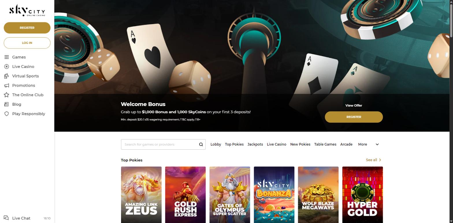 SkyCity Online Casino NZ homepage with the $1,000 bonus and 1,000 SkyCoins welcome offer, September 2026