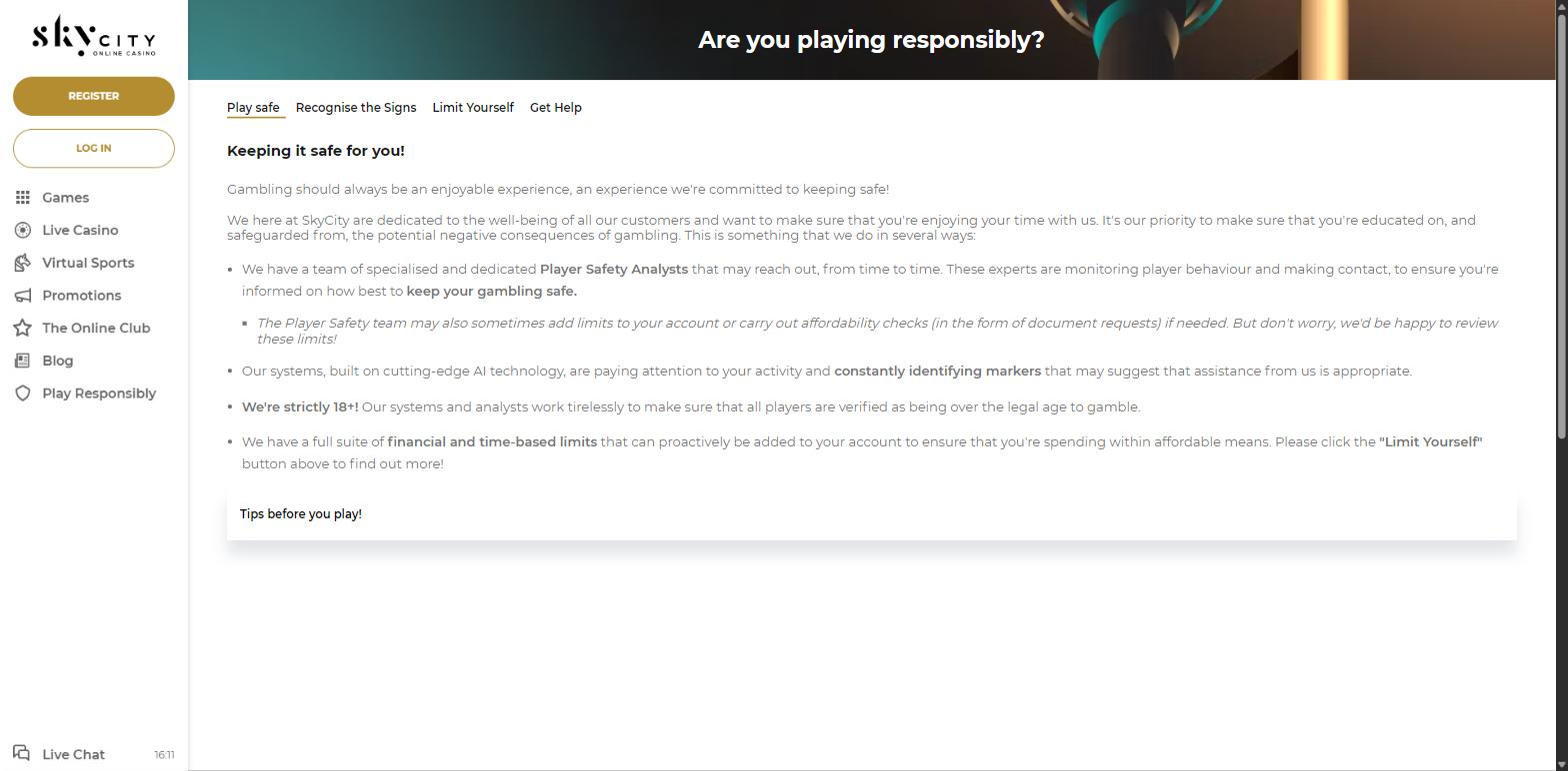 SkyCity Online Casino Play Responsibly page with Player Safety Analysts and limits